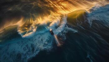 Surfing men fly over majestic breaking waves at Bali coastline generated by AI photo