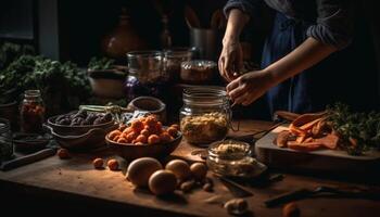 Rustic pumpkin cookie jar preparing healthy vegetarian meals indoors together generated by AI photo