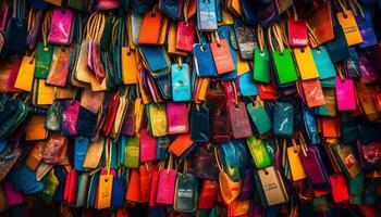 A large stack of multi colored leather bags in a fashion store generated by AI photo