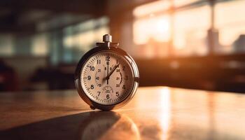 Old fashioned alarm clock ticks down time on elegant desk generated by AI photo