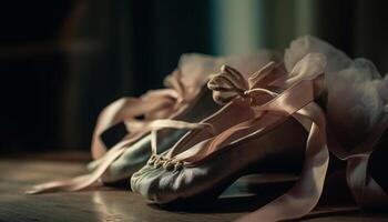 elegante ballet bailarín usa satín zapatillas en madera piso adentro generado por ai foto