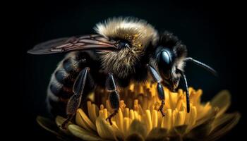 un ocupado miel abeja poliniza un soltero amarillo flor generado por ai foto