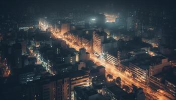 ciudad horizonte brilla con iluminado rascacielos a anochecer, bullicioso con tráfico generado por ai foto