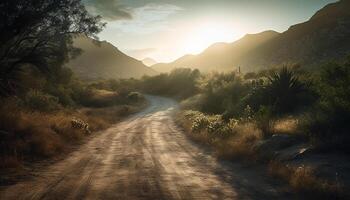 The way forward leads to a tranquil mountain meadow generated by AI photo