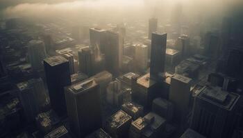 Abstract cityscape skyscrapers, traffic, and fog create futuristic landscape generated by AI photo