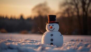 A cheerful snowman with a top hat and carrot nose generated by AI photo