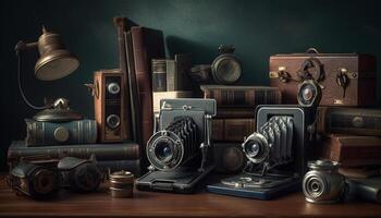 An antique camera on a wooden table exudes nostalgia and elegance generated by AI photo