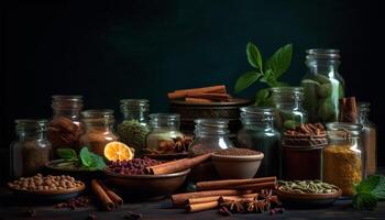 A gourmet spice jar with organic anise, clove, and nutmeg generated by AI photo
