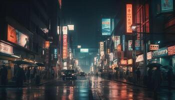 The neon lit city street in Mong Kok is bustling with motion generated by AI photo