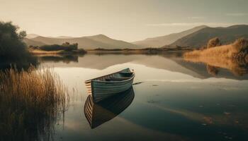 A tranquil scene of a rowboat on a serene pond generated by AI photo