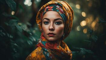 Confident young woman in traditional headscarf exudes elegance in nature generated by AI photo