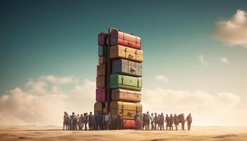 A group of men carrying heavy cargo containers outdoors at sunset generated by AI photo