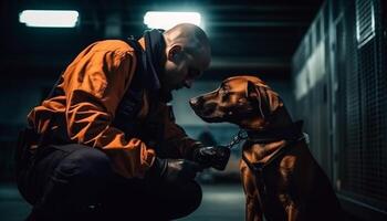 uno hombre, uno perro de pura raza perdiguero jugando al aire libre, lealtad mostrado generado por ai foto