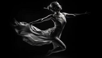 Graceful ballet dancer performs with elegance on black stage generated by AI photo