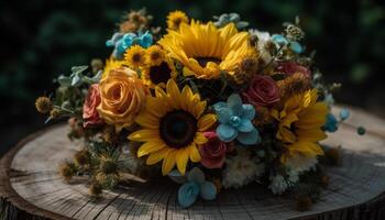 A rustic bouquet of multi colored sunflowers and gerbera daisies generated by AI photo