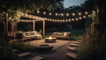 Comfortable sofa illuminated by lanterns in elegant outdoor living space generated by AI photo