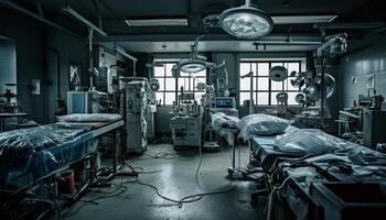 dentro el hospital pabellón, el cirujano trabajos con moderno maquinaria generado por ai foto