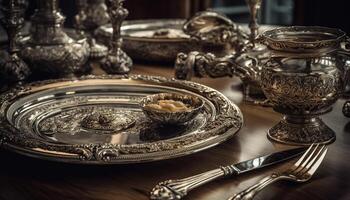 An ornate antique plate with intricate copper pattern and silverware generated by AI photo