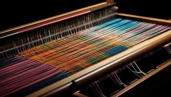 Woven textile pattern on loom, multi colored, close up fashion design generated by AI photo