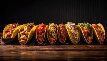 Grilled beef and chicken tacos with fresh guacamole and cilantro generated by AI photo