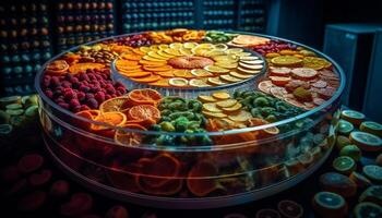 A colorful plate of healthy snacks fruit, veggies, and nuts generated by AI photo