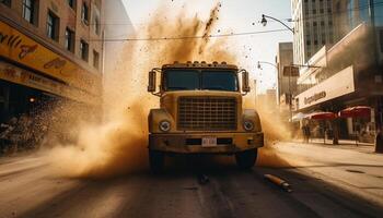 Dirty bulldozer delivering equipment to construction site in heavy traffic generated by AI photo