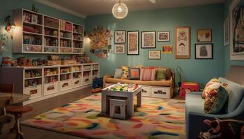 un vistoso cuarto de jugar con libros, juguetes, y cómodo asientos generado por ai foto