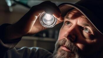 A stylish man with a beard holding a whiskey glass generated by AI photo