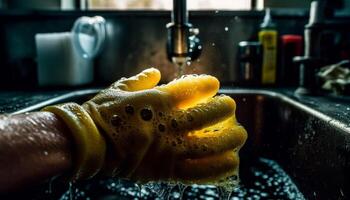 adulto mano Lavado platos en Doméstico cocina con amarillo horno generado por ai foto