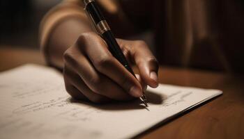 un estudiante escritura en papel, estudiando literatura y ideas generado por ai foto