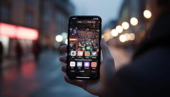 Businessman holding smart phone shows cityscape, sending e mail message generated by AI photo