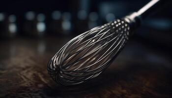 Rustic metal egg beater stirs homemade batter in wooden bowl generated by AI photo