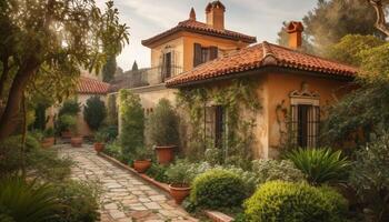 el antiguo arco y linterna Decorar el formal jardín patio generado por ai foto