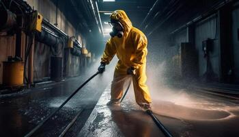 One determined man, expertly spraying metal in dark factory generated by AI photo