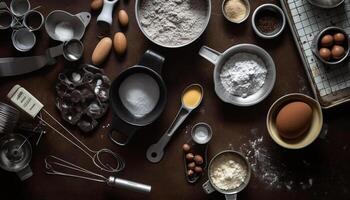 Freshly baked homemade cookies on rustic wooden table, close up view generated by AI photo