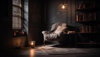 Modern luxury living room with comfortable sofa and bookshelf decor generated by AI photo