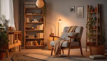 Cozy loft apartment with modern design, comfortable armchair, and bookshelf generated by AI photo