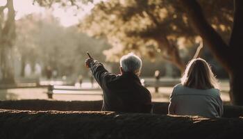 Senior couple embracing under autumn tree, enjoying tranquil outdoors generated by AI photo