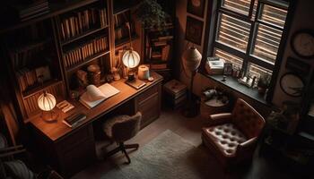 A modern, elegant living room with book collection and comfortable chair generated by AI photo