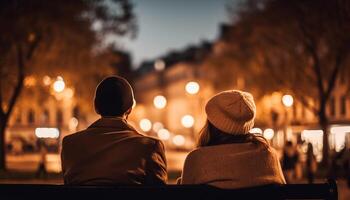 un romántico Pareja abraza debajo el iluminado Navidad luces a oscuridad generado por ai foto