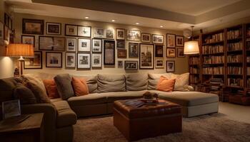 moderno lujo vivo habitación con cómodo sofá y elegante decoración generado por ai foto