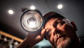 One confident man, illuminated by spotlight, smiling at camera generated by AI photo