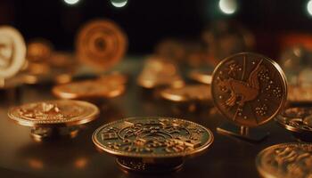 Selective focus on metallic coins stack illuminates business finance strategy generated by AI photo