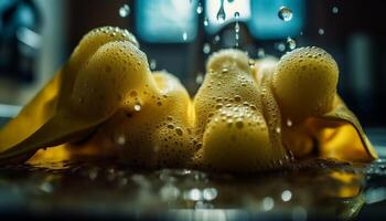 Fresh fruit bowl glistens with dew drops on green leaf generated by AI photo