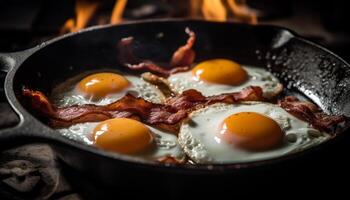 Fried egg and bacon on cast iron, a rustic meal generated by AI photo