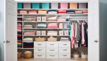 Modern closet collection Multi colored garments neatly arranged on shelves generated by AI photo