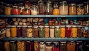 un sano colección de multi de colores especias en vaso frascos generado por ai foto