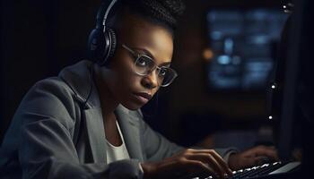 uno joven mujer, utilizando inalámbrico auriculares, mecanografía en ordenador portátil adentro generado por ai foto