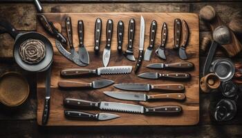Rustic steel collection kitchen knives, saws, and antique tools generated by AI photo