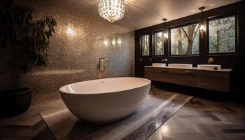 Modern luxury bathroom with elegant marble bathtub and wide sink generated by AI photo